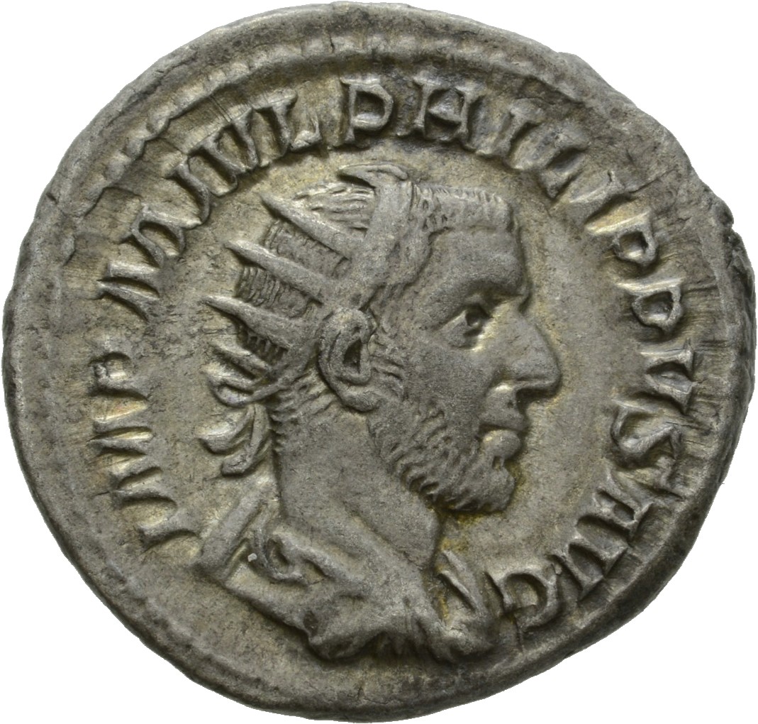 RIC IV Philip I 38B Philip The Arab obverse, Bust of Philip the Arab, radiate, draped, cuirassed, right
