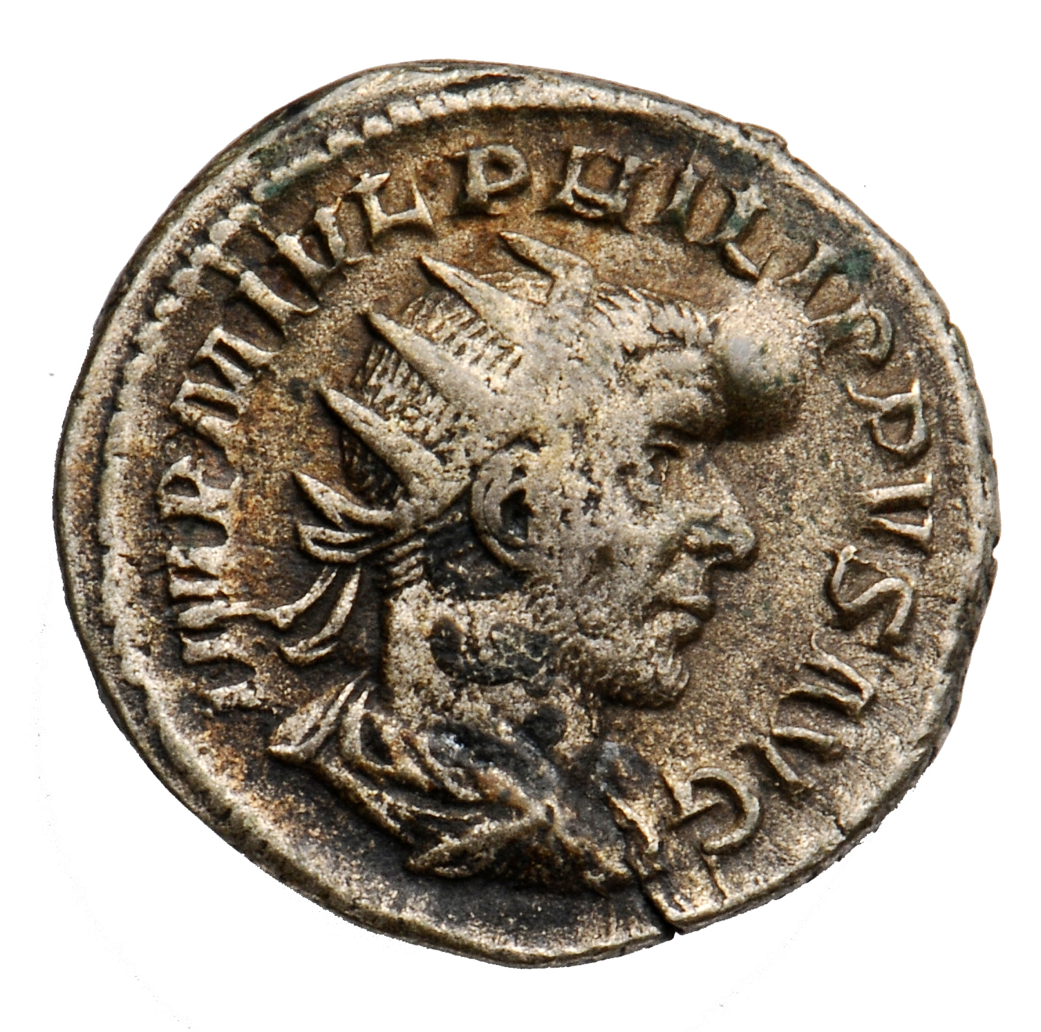 RIC IV Philip I 40B Philip The Arab obverse, Bust of Philip the Arab, radiate, draped, cuirassed, right