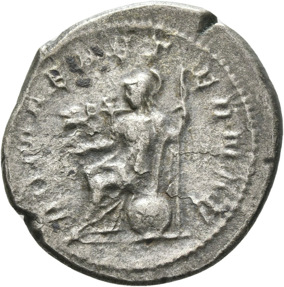 RIC IV Philip I 44 Philip The Arab reverse, Roma, helmeted, draped, seated left, holding Victory, winged, draped, in right...