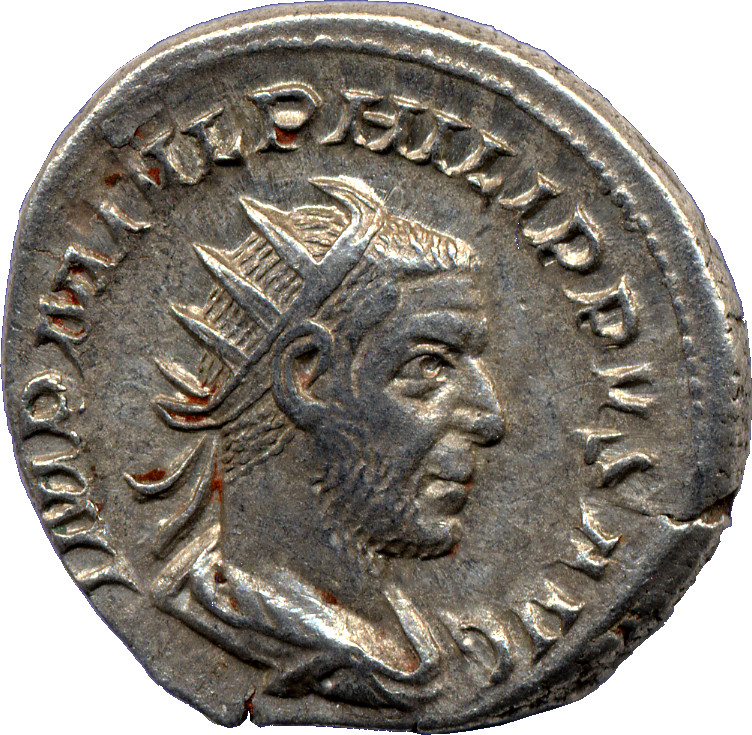 RIC IV Philip I 44 Philip The Arab obverse, Kopf des Philippus mit Strahlenkrone nach r.