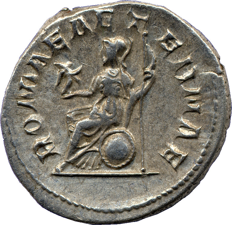 RIC IV Philip I 44 Philip The Arab reverse, Roma, helmeted, draped, seated left, holding Victory, winged, draped, in right...