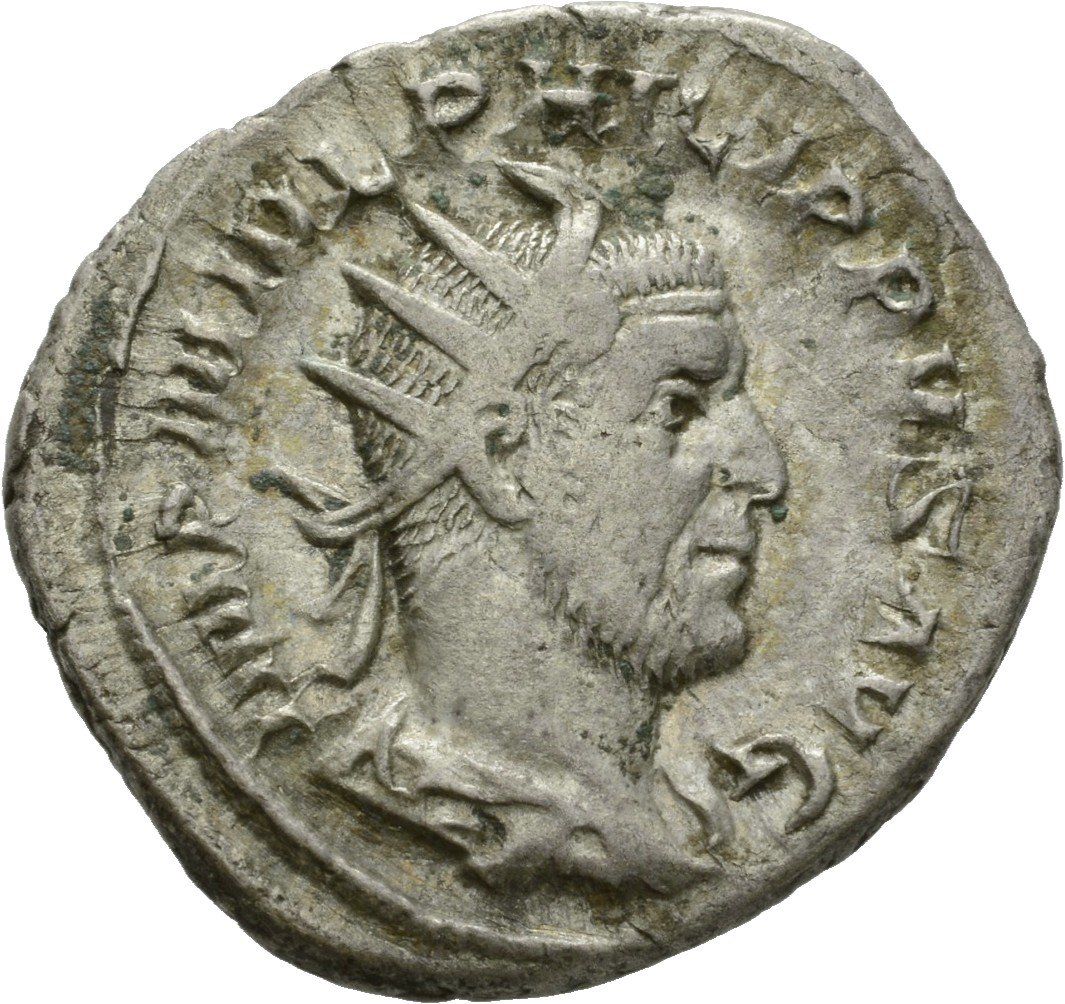 RIC IV Philip I 44B Philip The Arab obverse, Bust of Philip the Arab, radiate, draped, cuirassed, right