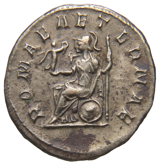RIC IV Philip I 44B Philip The Arab reverse, Roma, helmeted, draped, seated left, holding Victory, winged, draped, in righ...