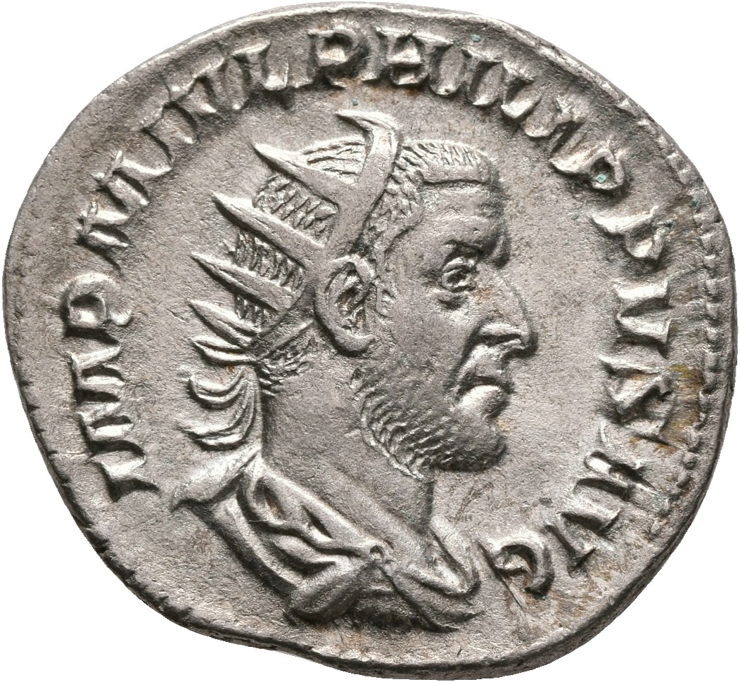 RIC IV Philip I 46B Philip The Arab obverse, Bust of Philip the Arab, radiate, draped, cuirassed, right