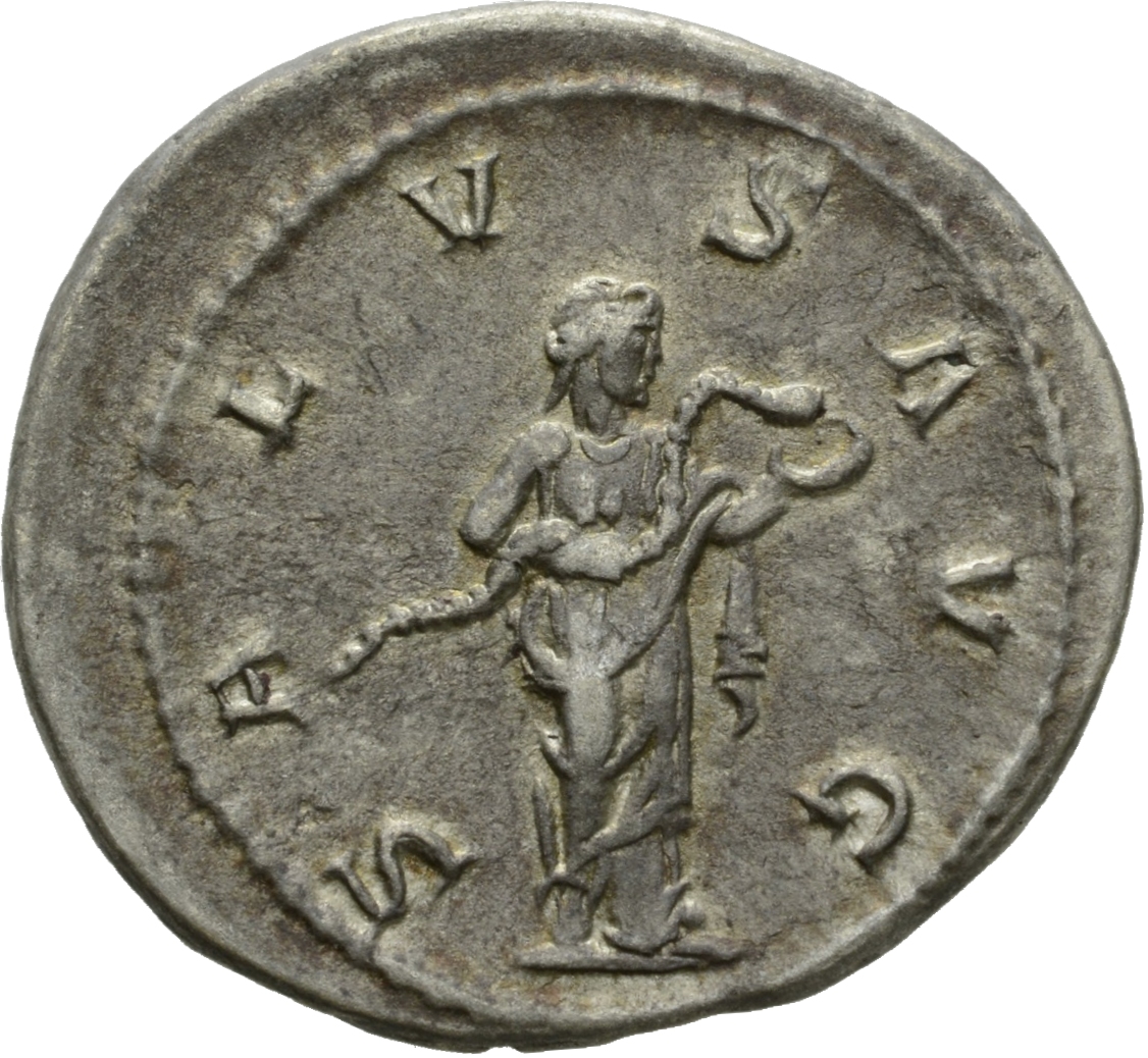 RIC IV Philip I 46B Philip The Arab reverse, Salus, draped, standing, right, feeding snake, held in both hands