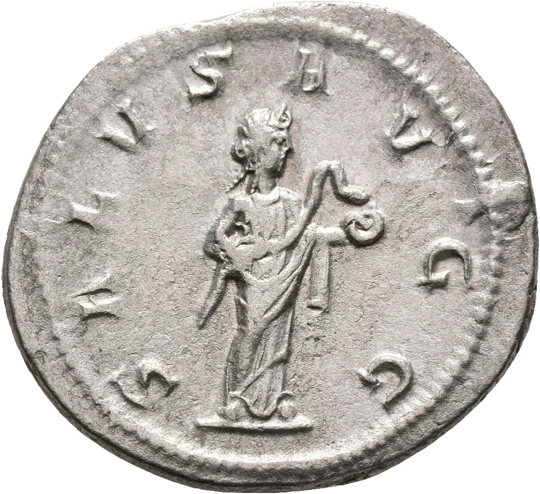 RIC IV Philip I 46B Philip The Arab reverse, Salus, draped, standing, right, feeding snake, held in both hands