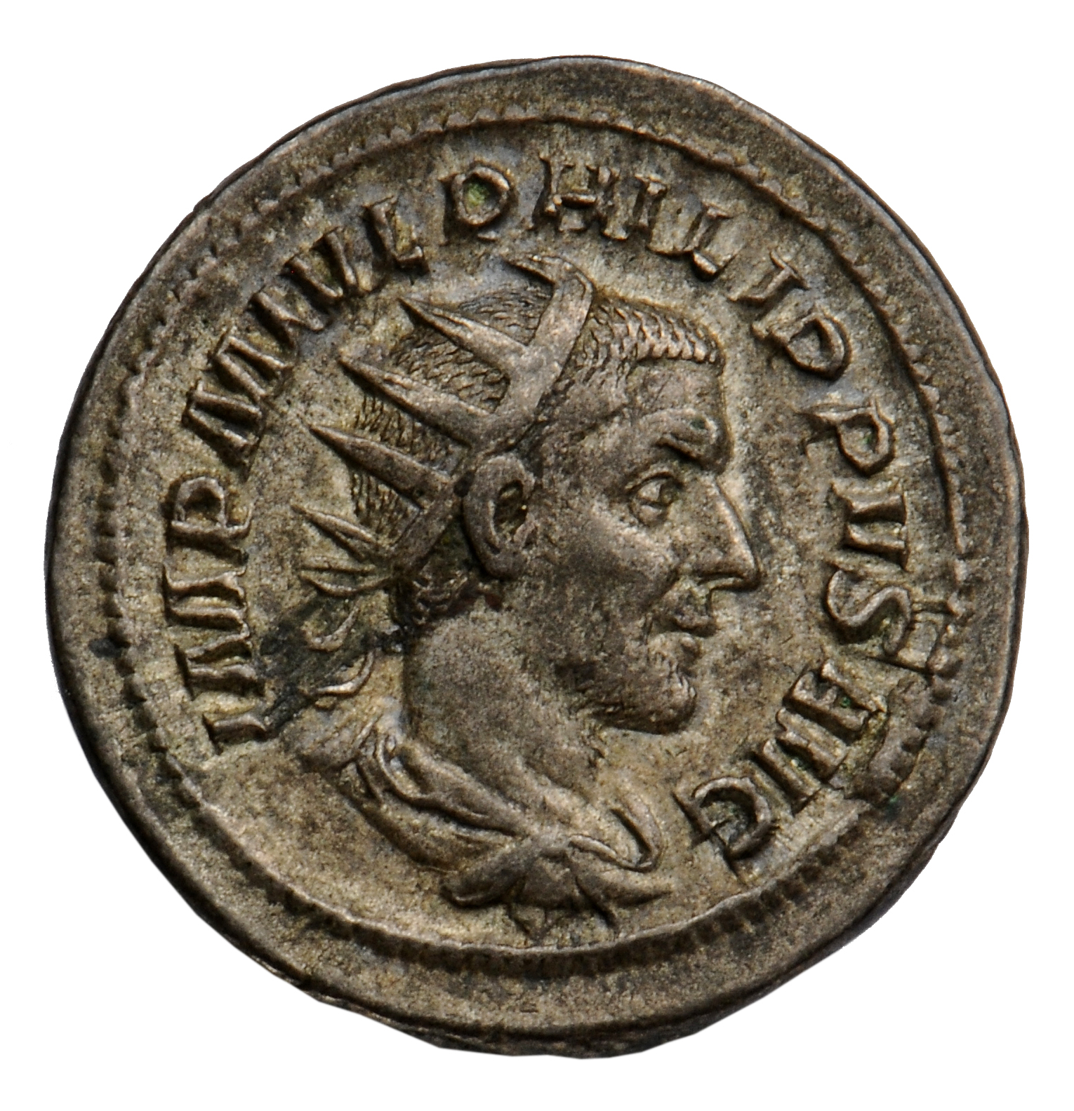 RIC IV Philip I 47 Philip The Arab obverse, Bust of Philip the Arab, radiate, draped, cuirassed, right