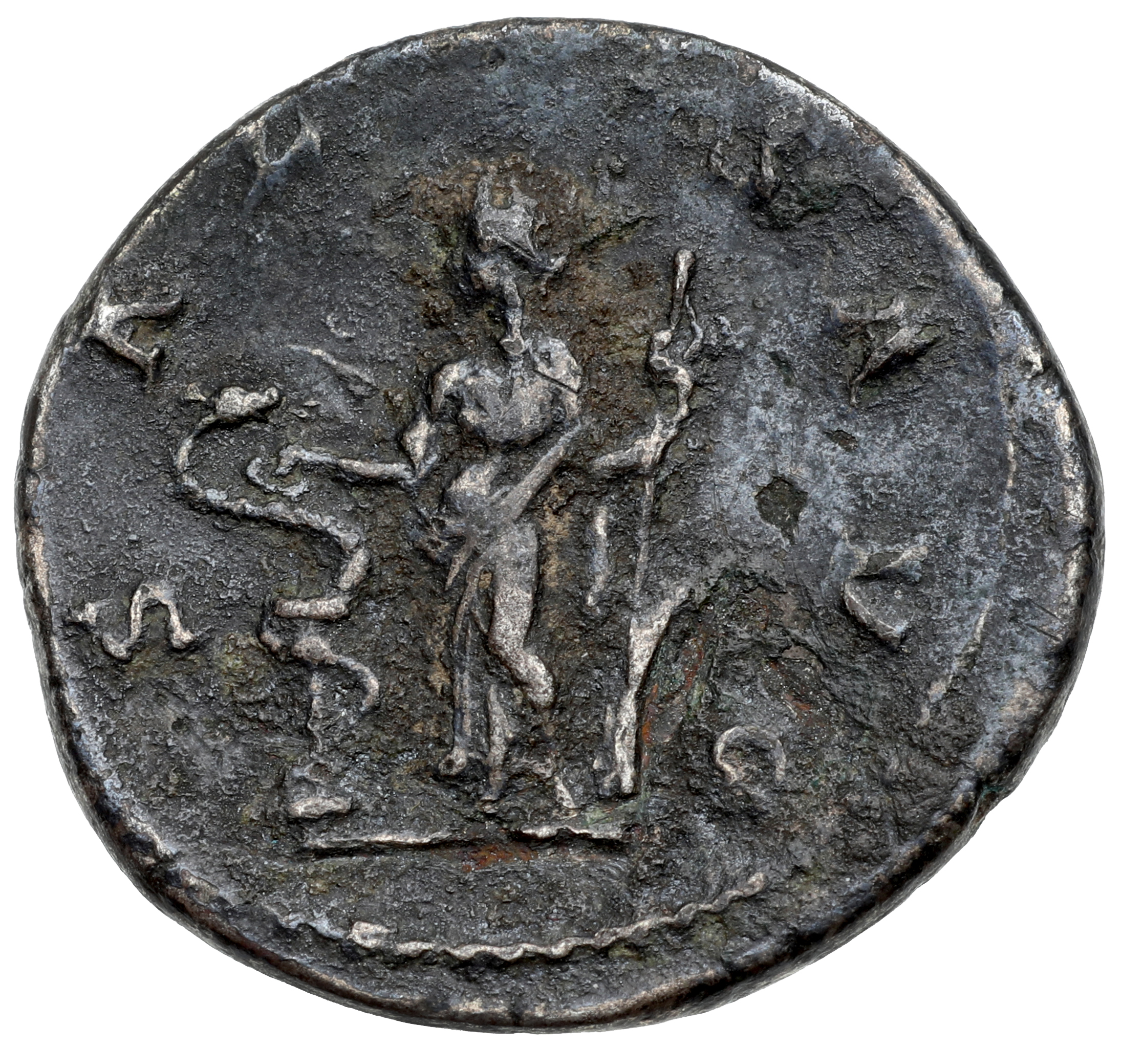 RIC IV Philip I 47 Philip The Arab reverse, Salus, draped, standing, left, feeding snake coiled around altar out of right ...