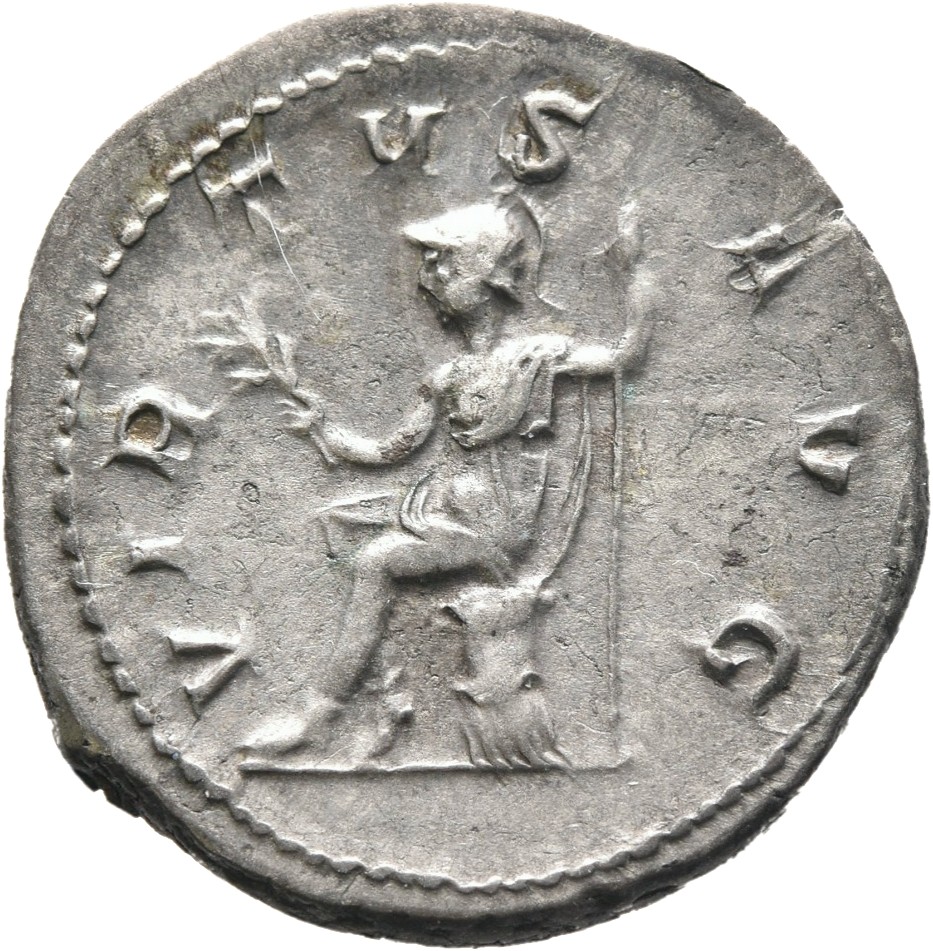 RIC IV Philip I 53 Philip The Arab reverse, Virtus, draped, seated, on cuirass, left, holding branch in right hand and spe...