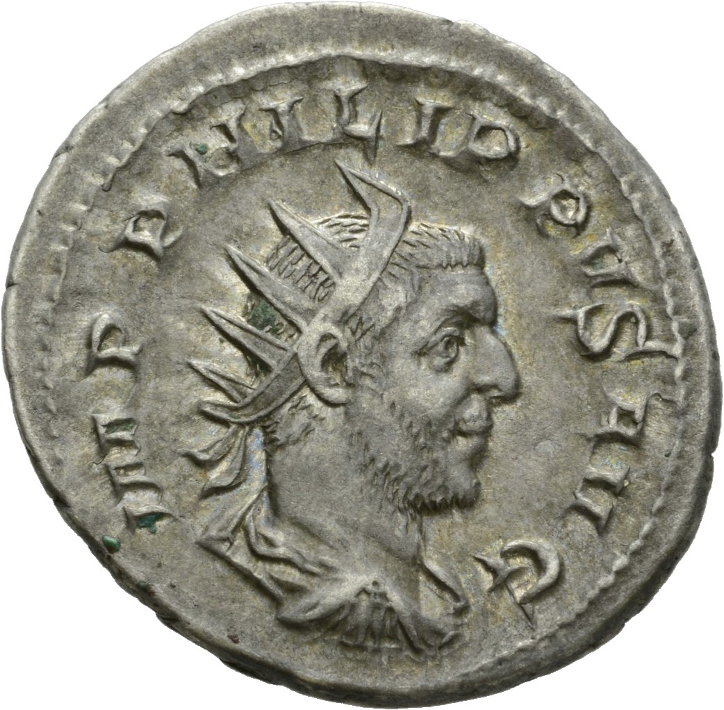 RIC IV Philip I 57 Philip The Arab obverse, Bust of Philip the Arab, radiate, draped, cuirassed, right