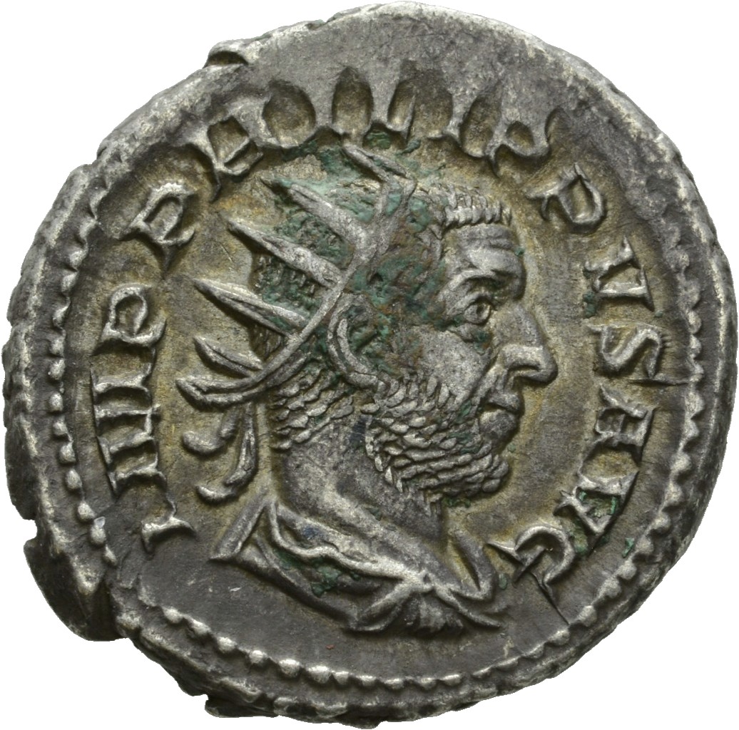 RIC IV Philip I 58 Philip The Arab obverse, Bust of Philip the Arab, radiate, draped, cuirassed, right