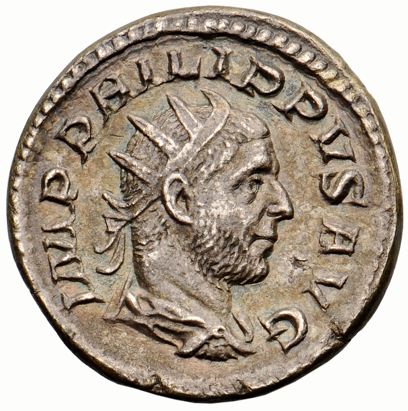 RIC IV Philip I 58 Philip The Arab obverse, Bust of Philip the Arab, radiate, draped, cuirassed, right