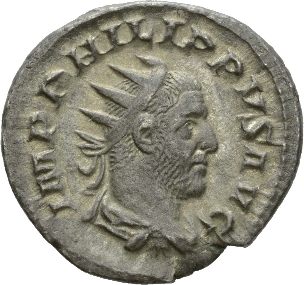 RIC IV Philip I 63B Philip The Arab obverse, Bust of Philip the Arab, radiate, draped, cuirassed, right