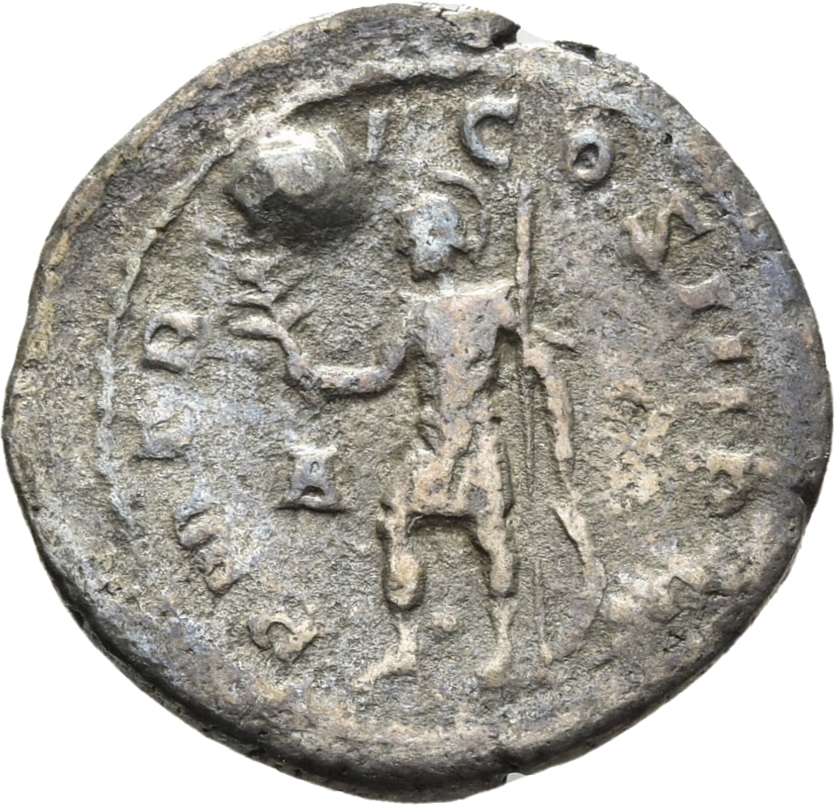 RIC IV Philip I 7 Philip The Arab reverse, Mars, helmeted, standing left, holding branch in right hand and resting left ha...