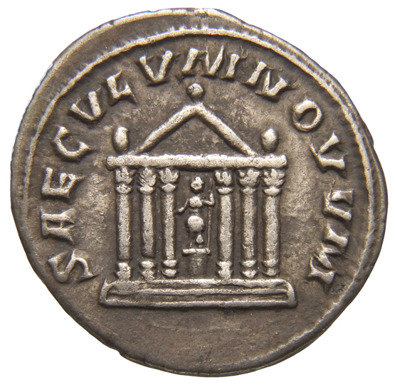RIC IV Philip I 86B Philip The Arab reverse, Hexastyle temple with statue of Roma in centre