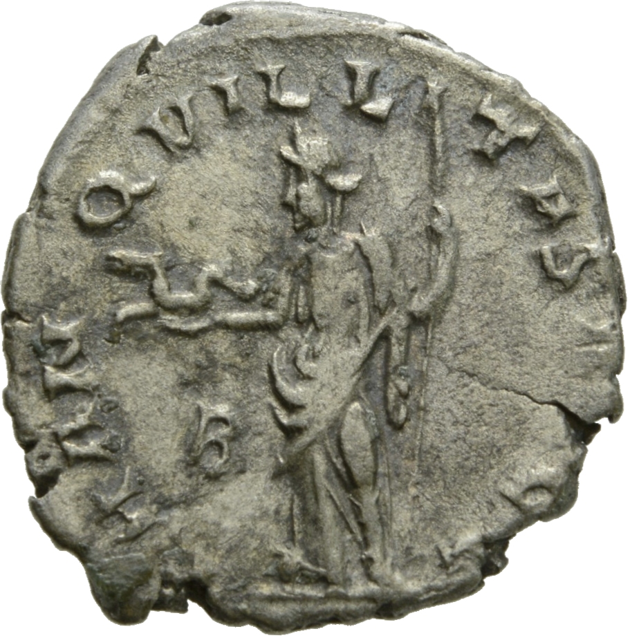 RIC IV Philip I 9 Philip The Arab reverse, Tranquillitas, draped, standing left, holding capricorn (?) in right hand and s...