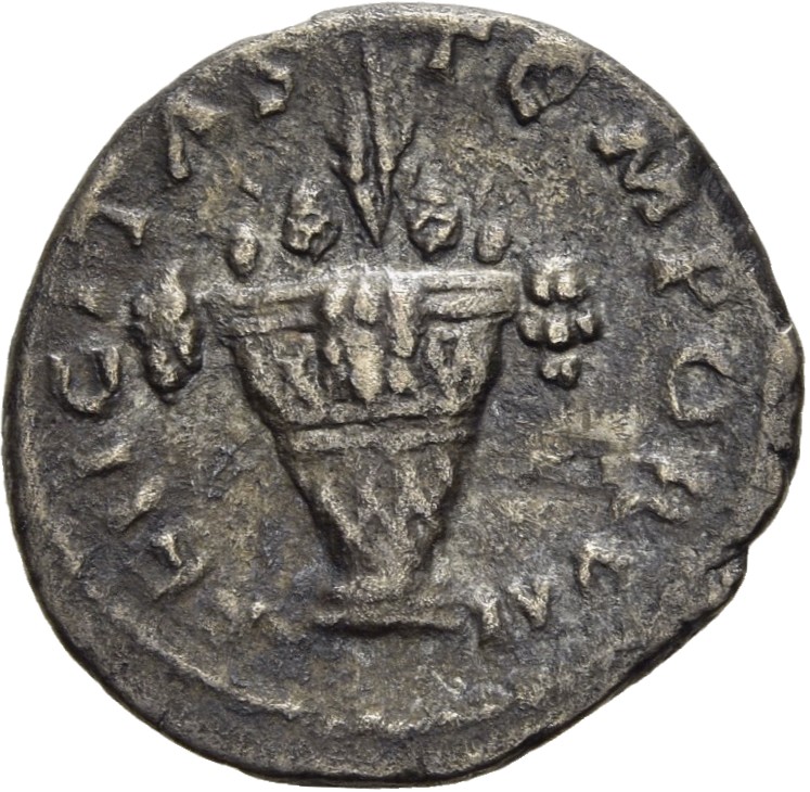 RIC IV Pescennius Niger 17 Pescennius Niger reverse, Vase-shaped basket, containing either three corn-ears or fruits and g...
