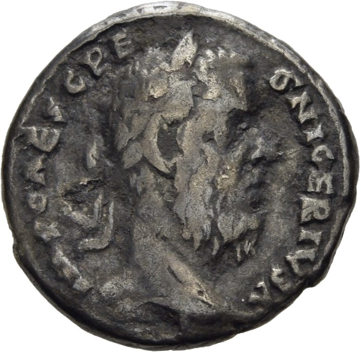 RIC IV Pescennius Niger 5A Pescennius Niger obverse, Head of Pescennius Niger, laureate, right