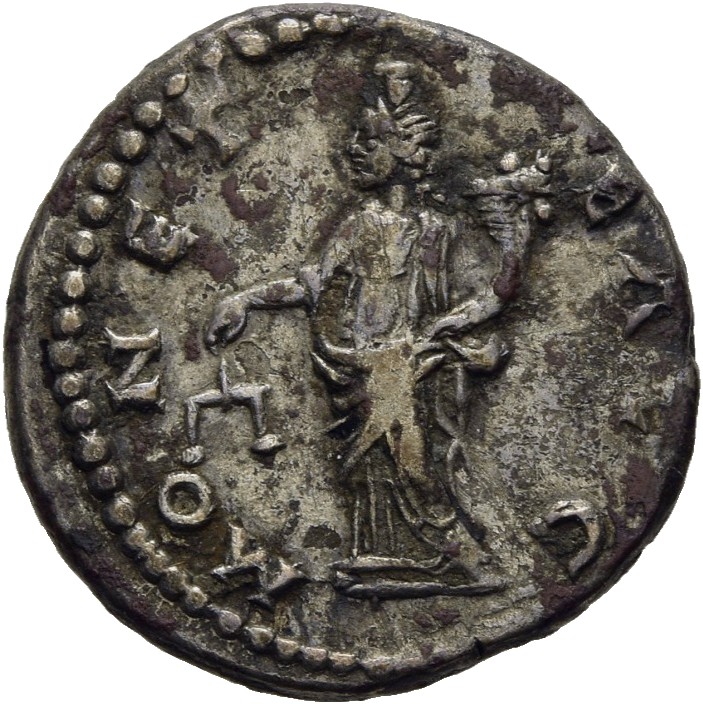 RIC IV Pescennius Niger 65C Pescennius Niger reverse, Moneta, draped, sometimes wearing polos (modius), standing left, hol...
