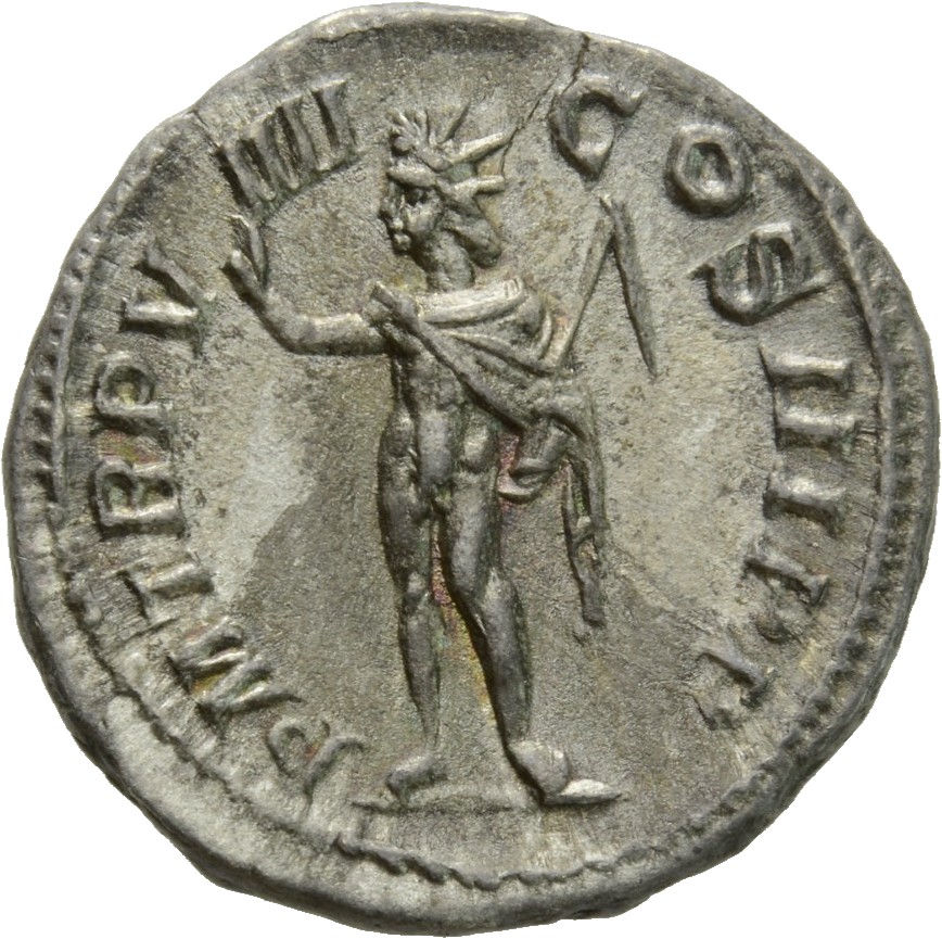 RIC IV Severus Alexander 101b Severus Alexander reverse, Sol, radiate, nude except cloak over shoulders, standing left, ra...