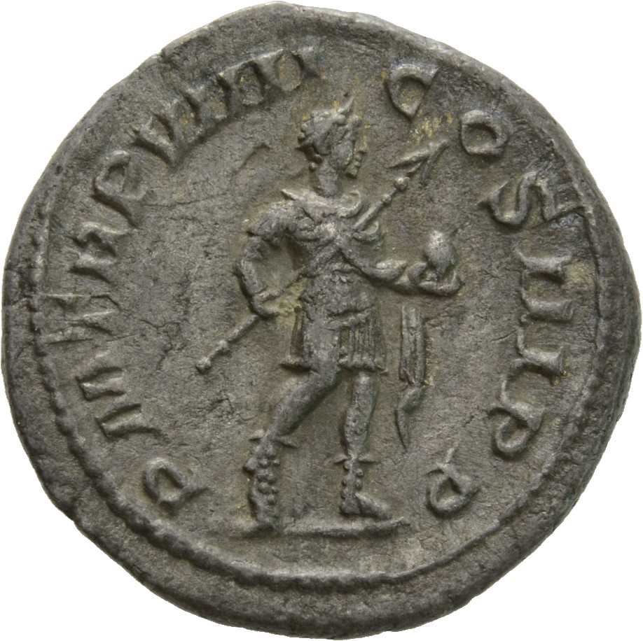 RIC IV Severus Alexander 105a Severus Alexander reverse, Severus Alexander, in military attire, standing right, holding tr...