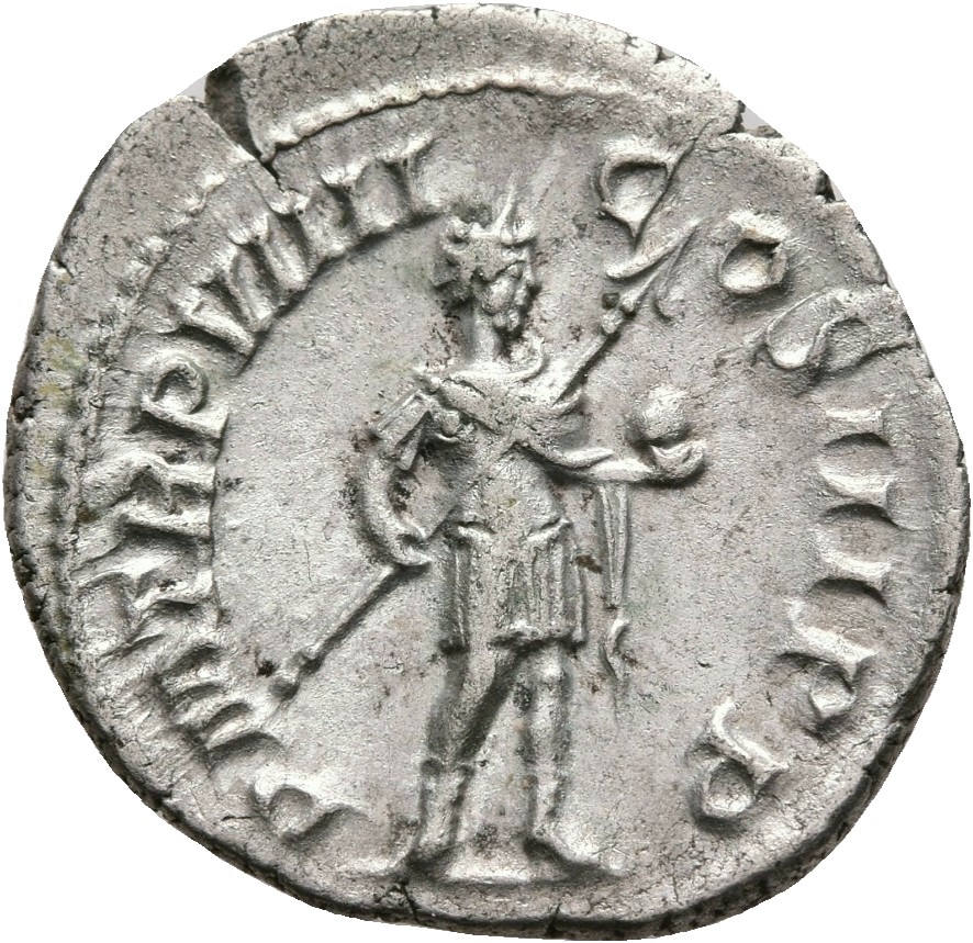 RIC IV Severus Alexander 105b Severus Alexander reverse, Severus Alexander, in military attire, standing right, holding tr...