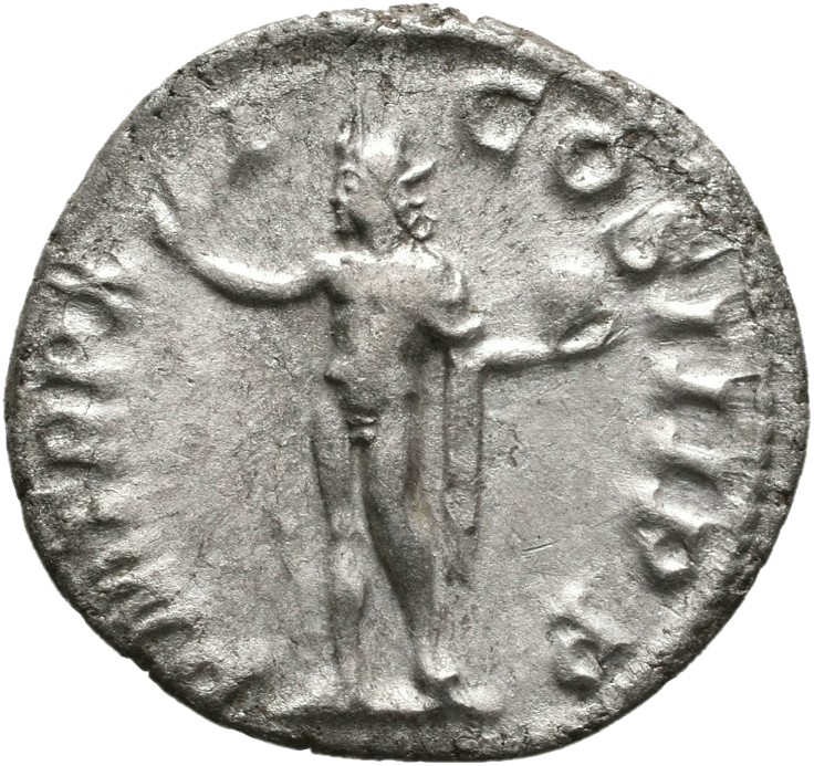 RIC IV Severus Alexander 112c Severus Alexander reverse, Sol, radiate, nude except for cloak over left shoulder, standing ...