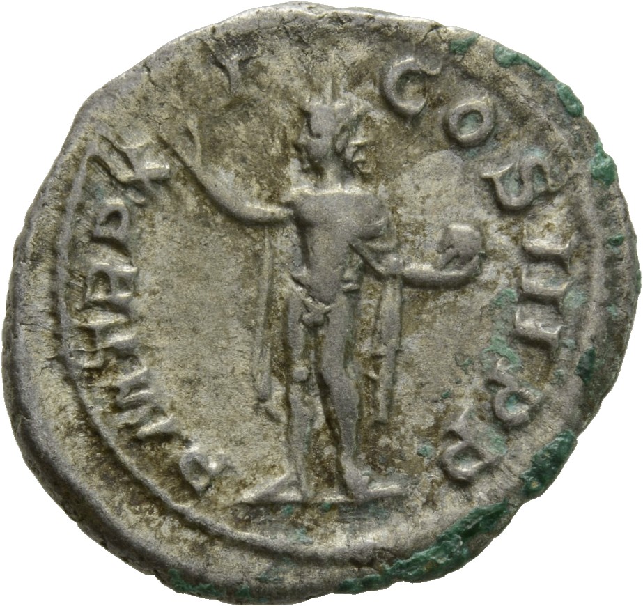 RIC IV Severus Alexander 112d Severus Alexander reverse, Sol, radiate, nude except for cloak over left shoulder, standing ...