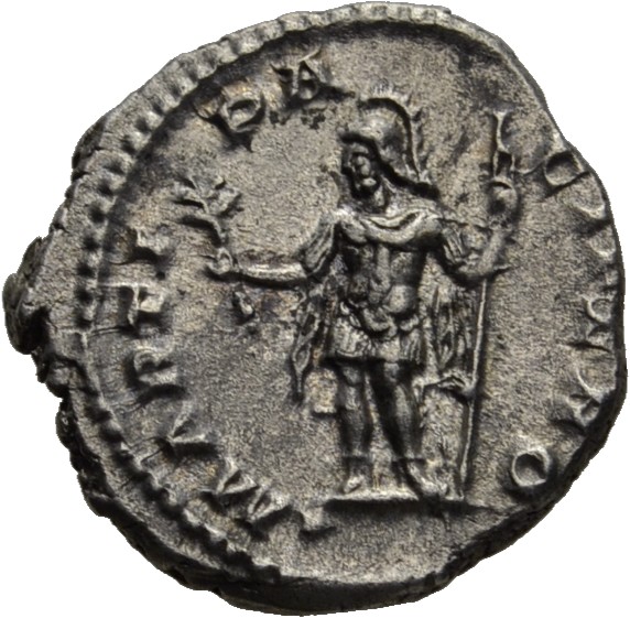 RIC IV Severus Alexander 160d Severus Alexander reverse, Mars, helmeted, standing left, holding olive-branch in right hand...