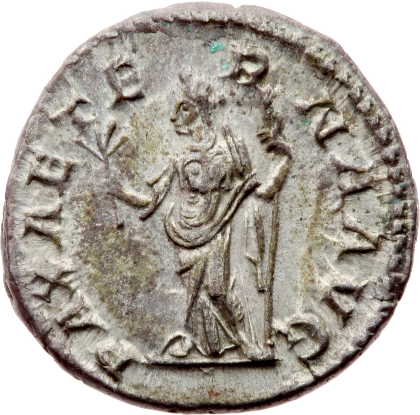 RIC IV Severus Alexander 165c Severus Alexander reverse — Pax, draped, standing left, holding olive-branch in right hand a...