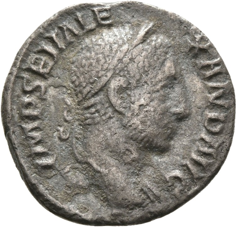 RIC IV Severus Alexander 190b Severus Alexander obverse — Bust of Severus Alexander, laureate, draped over left shoulder, ...