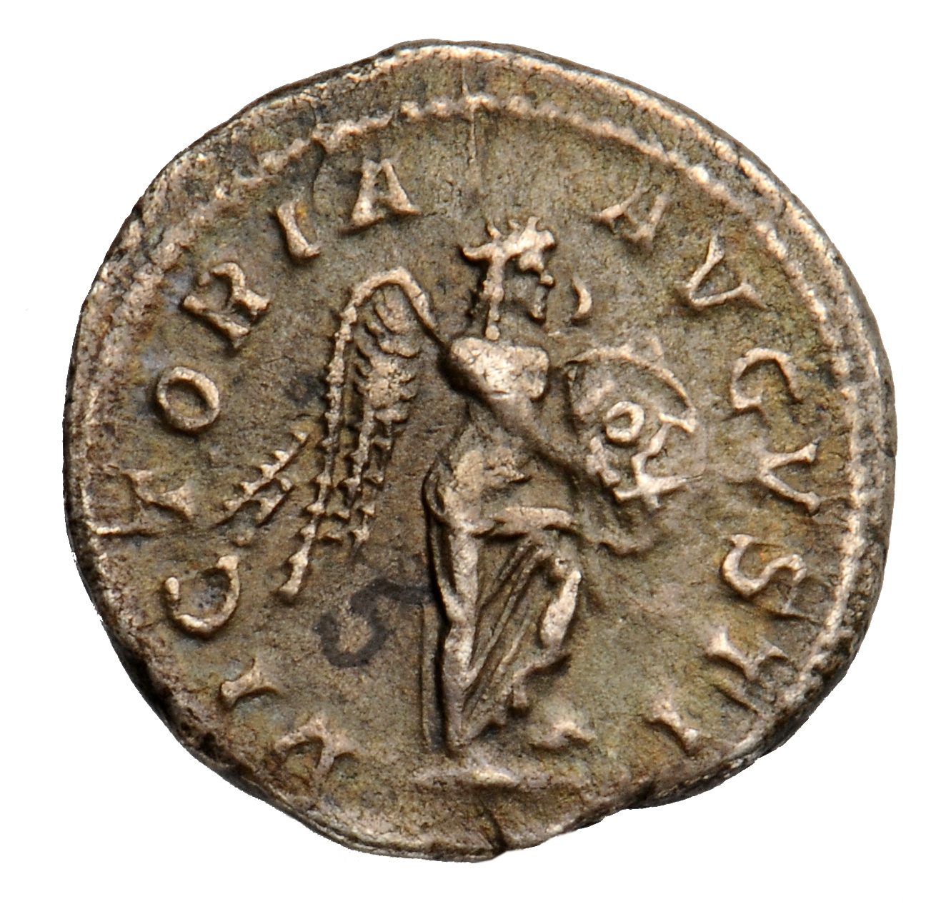 RIC IV Severus Alexander 218a Severus Alexander reverse, Victory, winged, draped, standing right, foot on helmet; writing ...