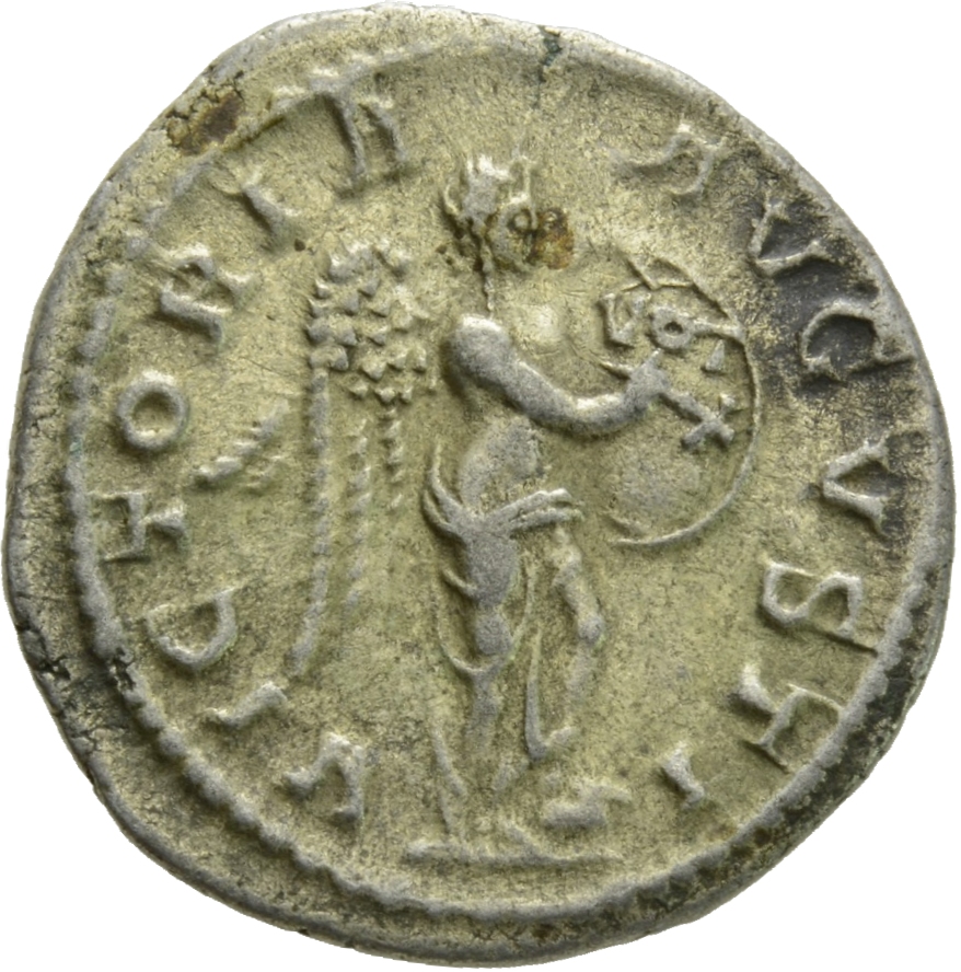 RIC IV Severus Alexander 219a Severus Alexander reverse, Victory, winged, draped, standing right, foot on helmet; writing ...