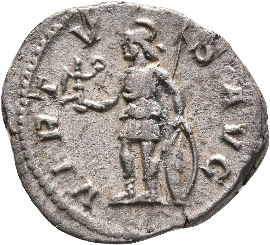 RIC IV Severus Alexander 220a Severus Alexander reverse, Virtus, draped, standing left, holding Victory in right hand and ...