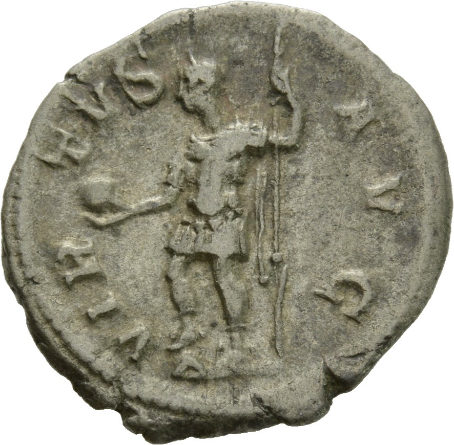 RIC IV Severus Alexander 226a Severus Alexander reverse, Severus Alexander, in military dress, standing left, foot on helm...