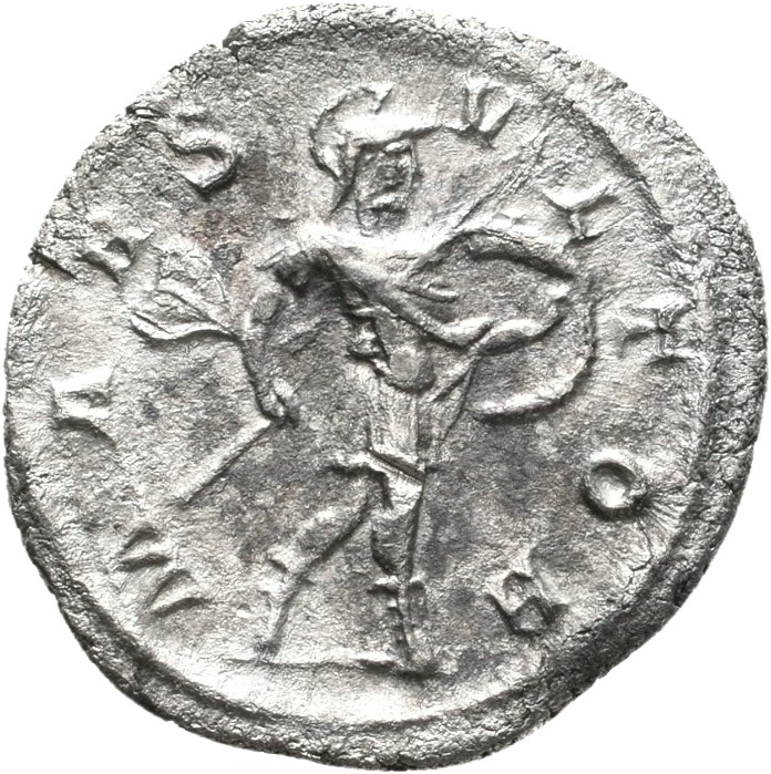 RIC IV Severus Alexander 246c Severus Alexander reverse, Mars, helmeted, walking right, holding spear in right hand and sh...