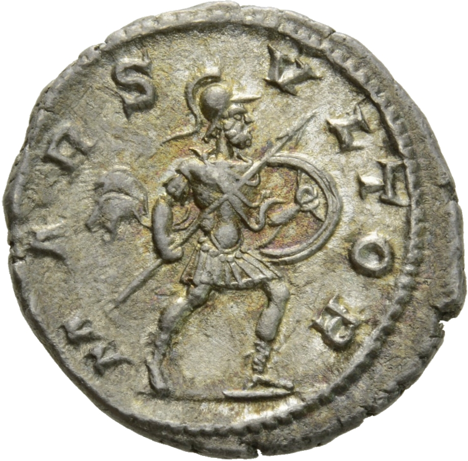 RIC IV Severus Alexander 246d Severus Alexander reverse, Mars, helmeted, walking right, holding spear in right hand and sh...
