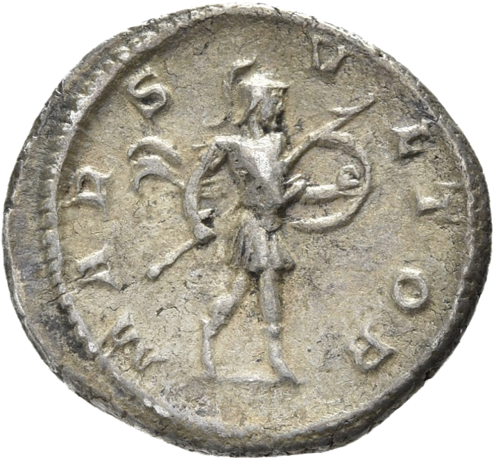 RIC IV Severus Alexander 246d Severus Alexander reverse, Mars, helmeted, walking right, holding spear in right hand and sh...