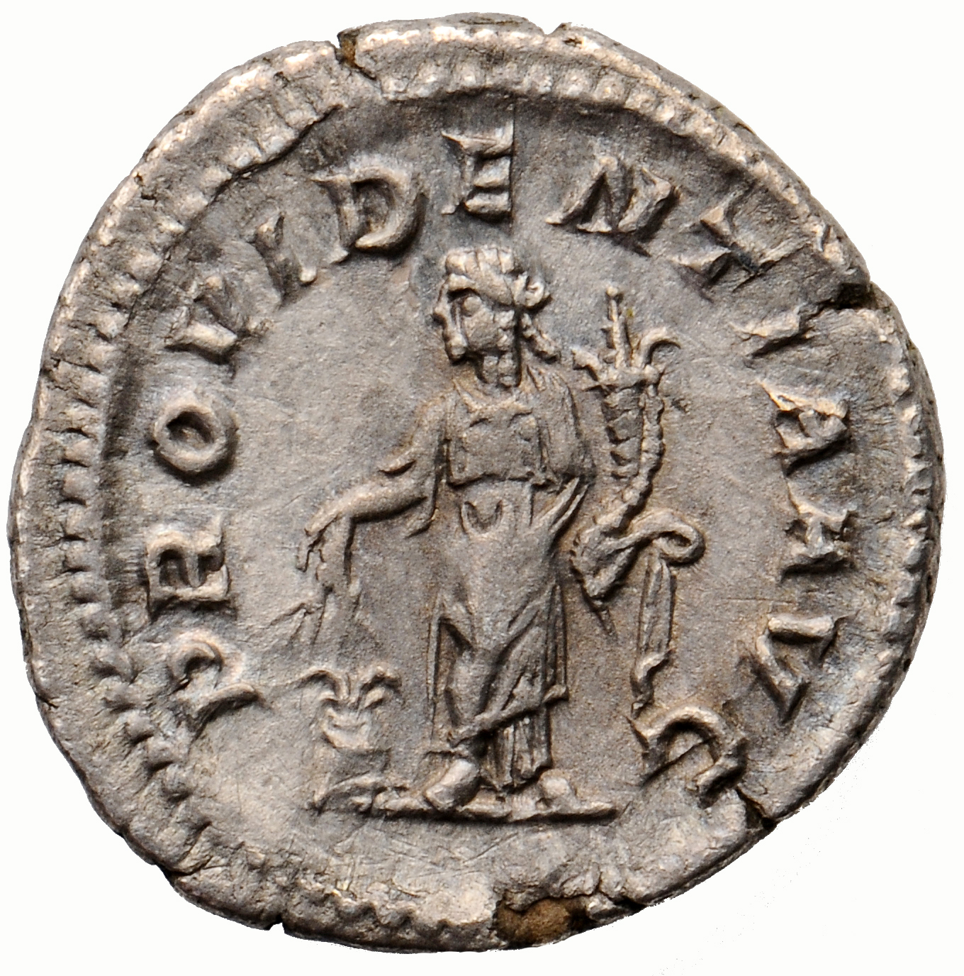 RIC IV Severus Alexander 250b Severus Alexander reverse, Providentia (or Annona), draped, standing left, holding two corn-...