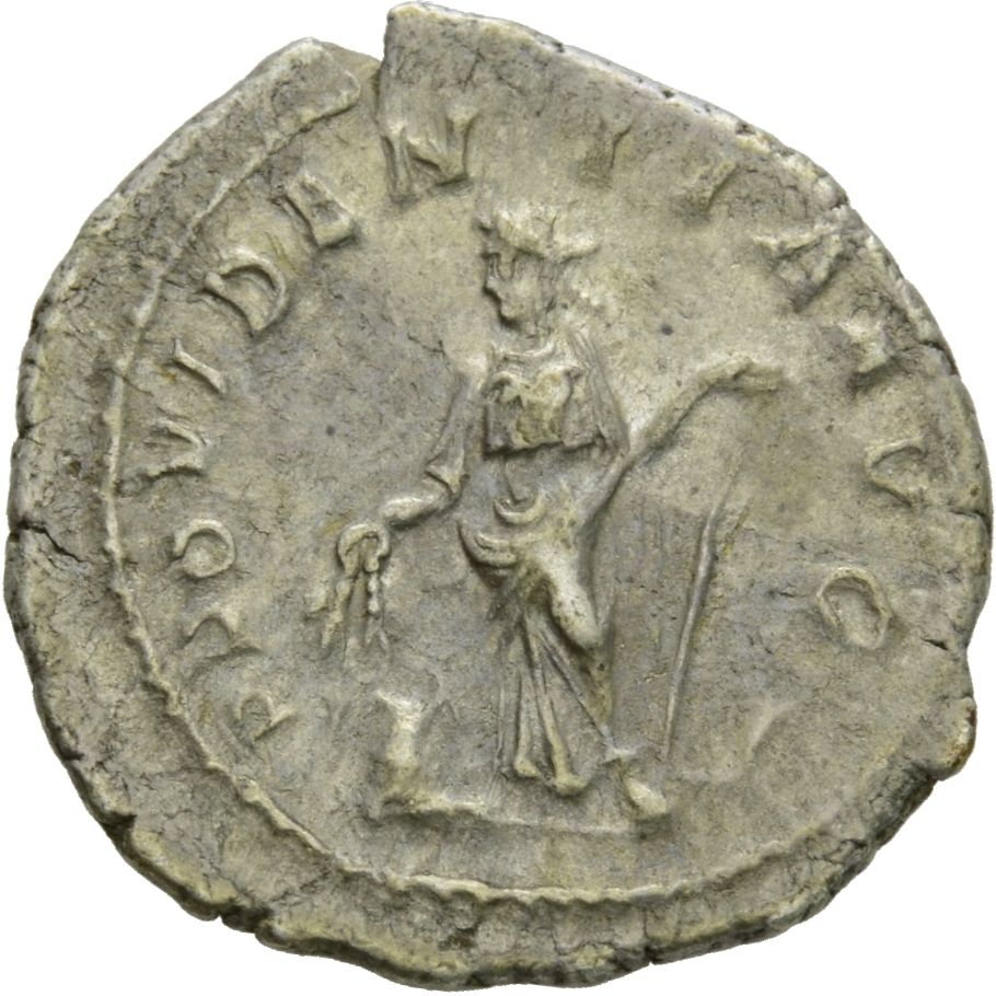 RIC IV Severus Alexander 252b Severus Alexander reverse, Providentia, draped, standing front, head left, holding corn-ears...