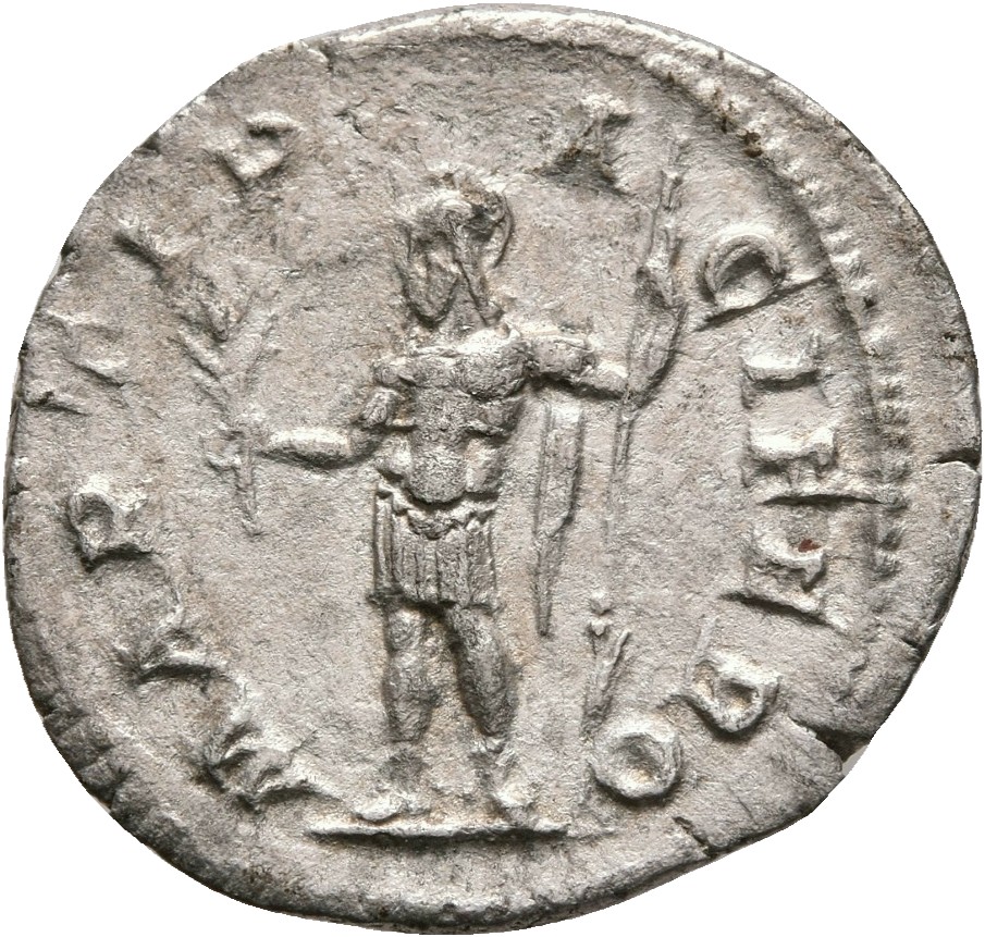 RIC IV Severus Alexander 289 Severus Alexander reverse, Mars, helmeted, standing left, holding branch in right hand and re...