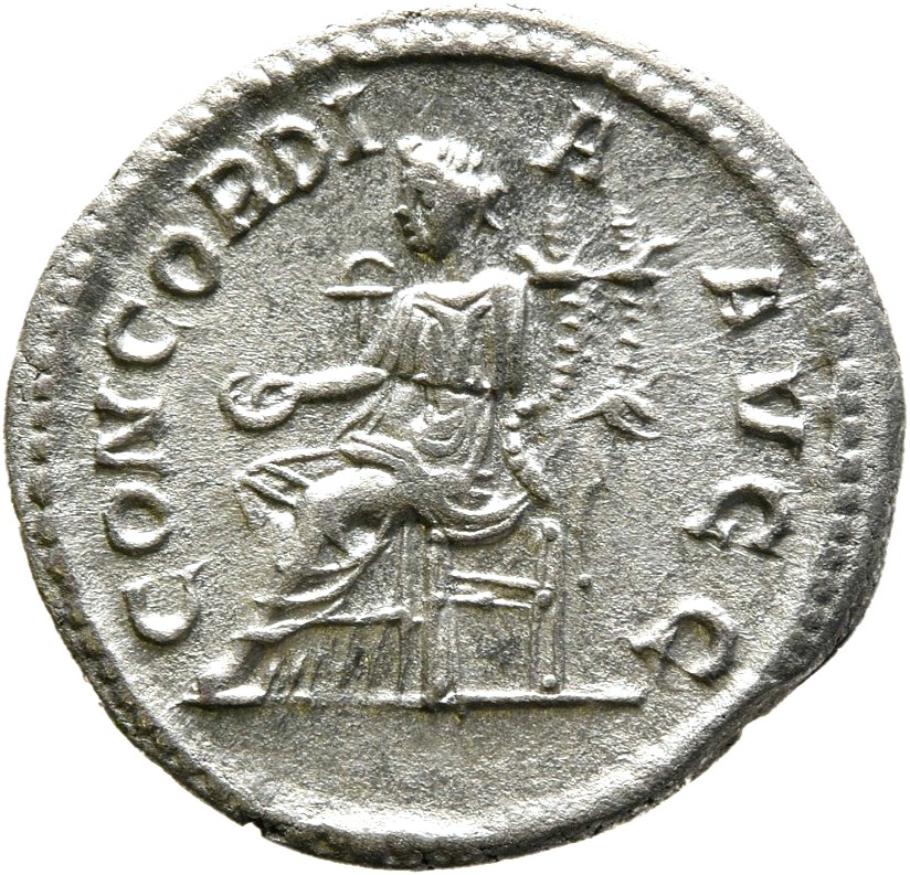 RIC IV Severus Alexander 319 Severus Alexander reverse, Concordia, draped, seated left, holding patera in right hand and d...