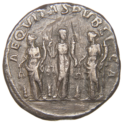 RIC IV Severus Alexander 328 Severus Alexander reverse, The Three Monetae, standing left, each holding scales in right han...