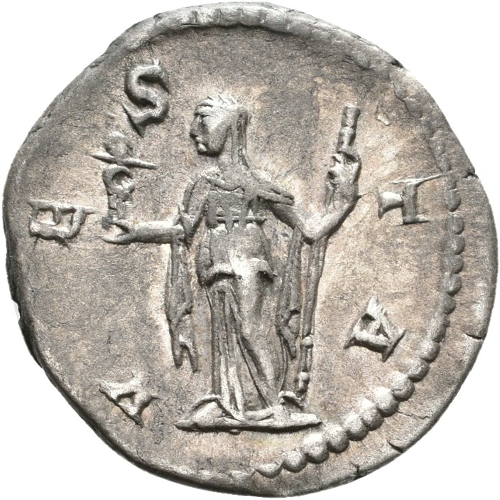 RIC IV Severus Alexander 360 Severus Alexander reverse, Vesta, veiled, draped, standing left, holding palladium in right h...