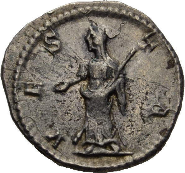 RIC IV Severus Alexander 362 Severus Alexander reverse, Vesta, draped, standing left, holding patera in right hand and tra...
