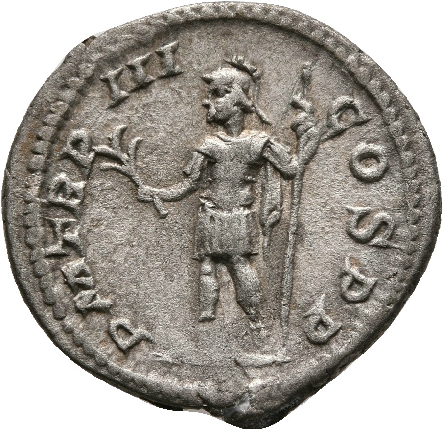 RIC IV Severus Alexander 37 Severus Alexander reverse, Mars, helmeted, in military attire standing left, holding olive-bra...