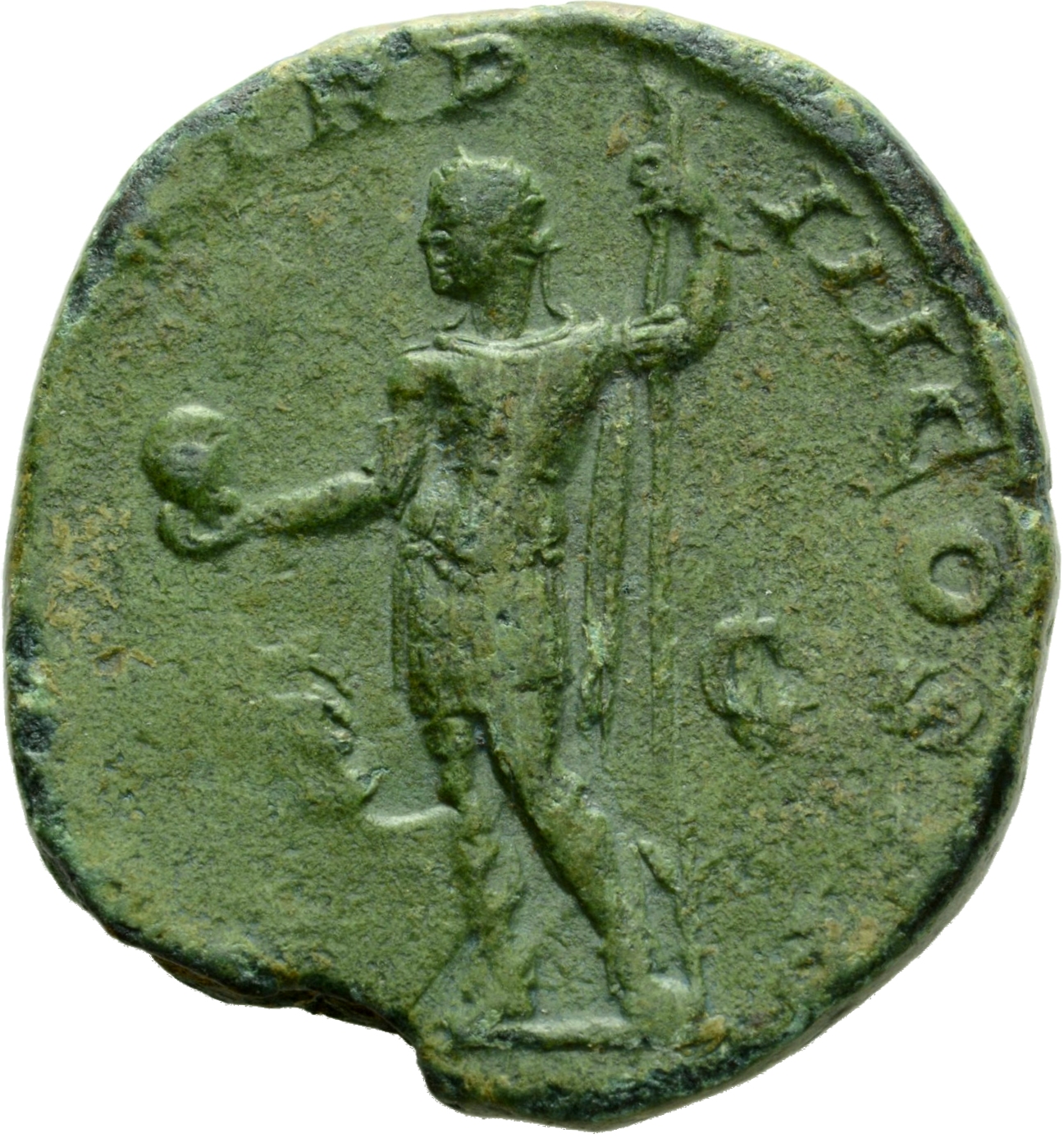 RIC IV Severus Alexander 419c Severus Alexander reverse, Severus Alexander, in military attire, standing left, holding glo...