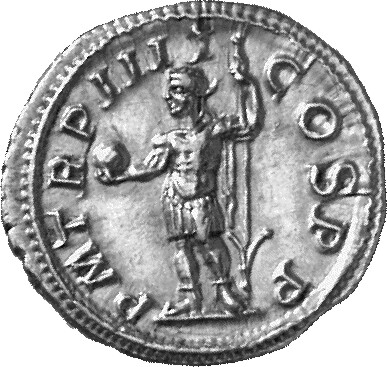 RIC IV Severus Alexander 46 Severus Alexander reverse, Severus Alexander, laureate, in military attire with cloak behind b...
