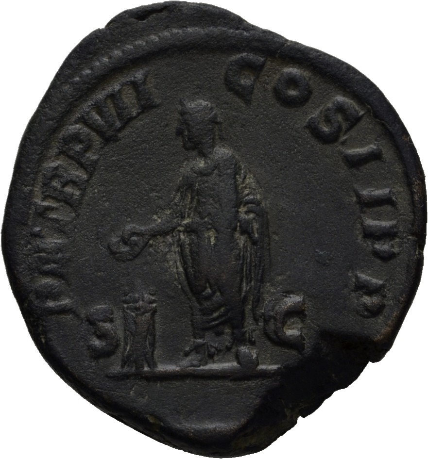 RIC IV Severus Alexander 484 Severus Alexander reverse, Severus Alexander, veiled, togate, standing left, sacrificing out ...