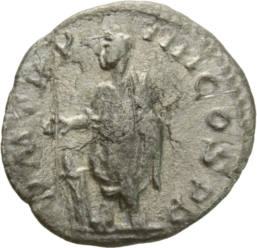 RIC IV Severus Alexander 50 Severus Alexander reverse, Severus Alexander, laureate, togate, standing left, sacrificing out...